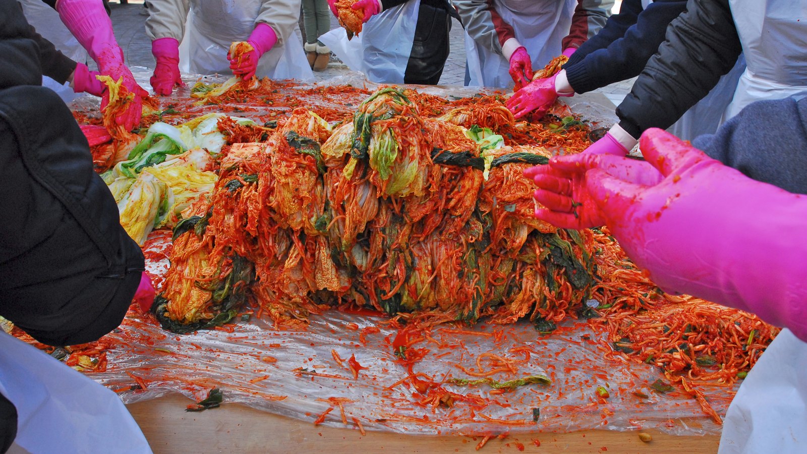 Volunteers in pink rubber gloves and aprons rubbing red seasoning into salted napa cabbage at a communal kimjang in Gaemi Village, Seoul (2012)